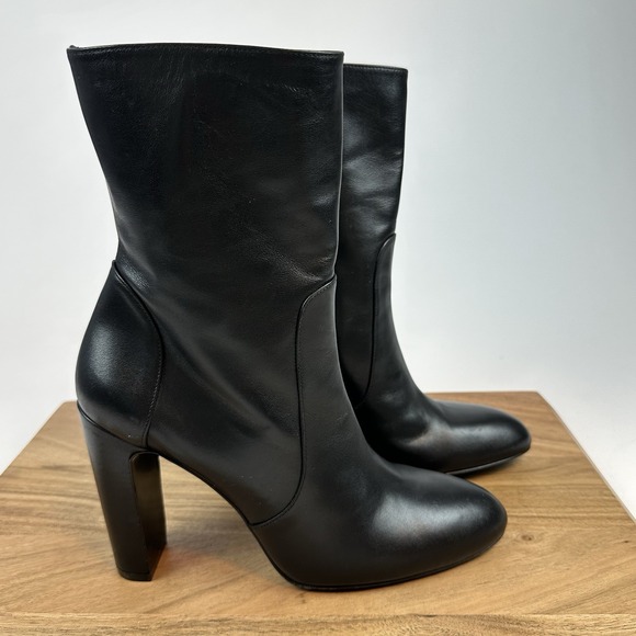 Womens Stuart‎ Weitzman Vida 75 Black Leather Mid Calf Heeled Boots Size 9 B EUC - Picture 1 of 10